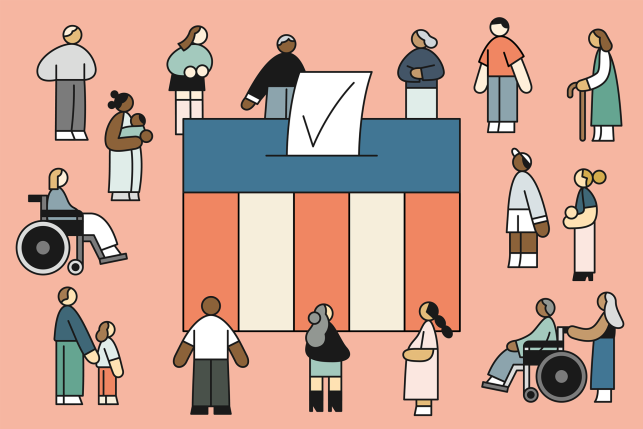 Illustration of a group of diverse people - men, women, various ages, races, and abilities - observing a ballot box.