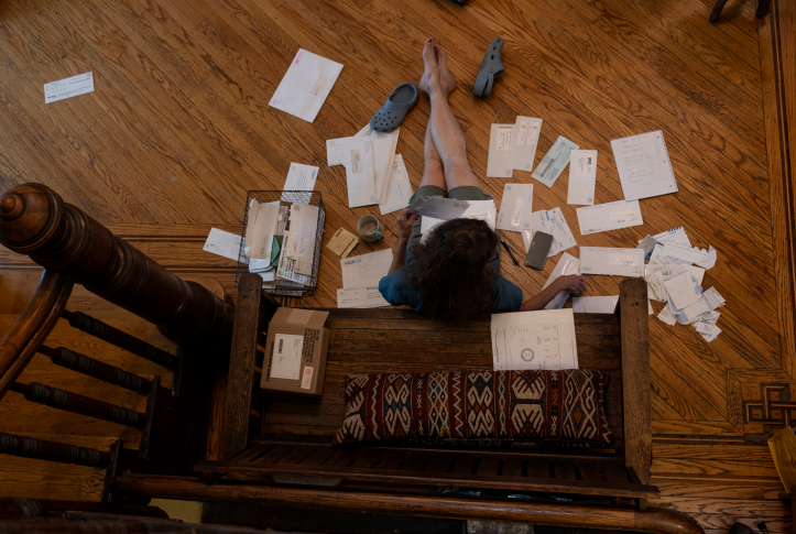 A woman sorts through a pile of bills while sitting on the floor.