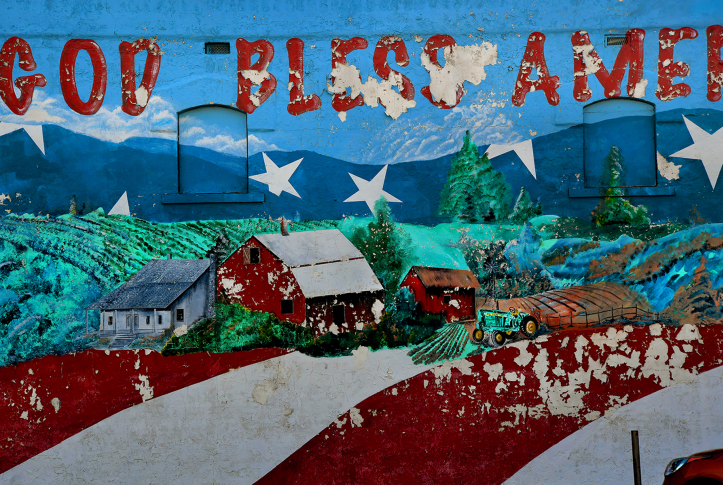 Photo, Mural of farms that reads “God Bless America“