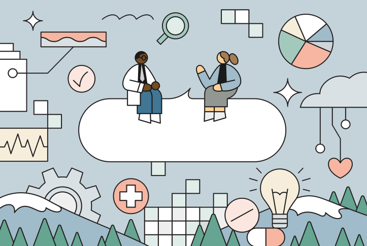 Man and woman sitting on a chat bubble surrounded by mountains and health care icons