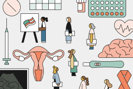 Illustration of different women walking to the ballot box surrounded by various symbols of women's health.